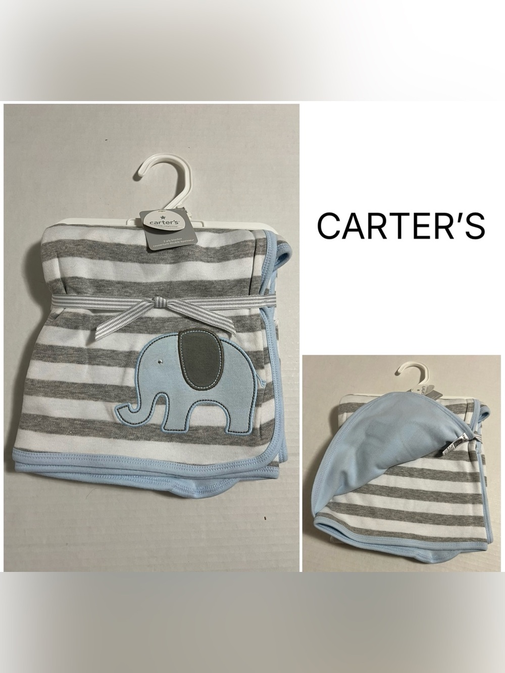 CARTER’S - NWT - 34”X28” - INFANT BOYS REVERSIBLE ELEPHANT STRIPE BLANKET